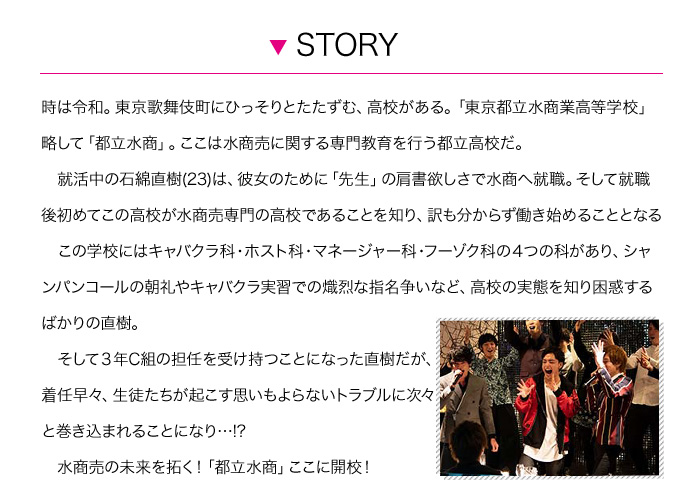 時は令和。東京歌舞伎町にひっそりとたたずむ、高校がある。「東京都立水商業高等学校」略して「都立水商」。ここは水商売に関する専門教育を行う都立高校だ。
　就活中の石綿直樹(23)は、彼女のために「先生」の肩書欲しさで水商へ就職。そして就職後初めてこの高校が水商売専門の高校であることを知り、訳も分からず働き始めることとなる
　この学校にはキャバクラ科・ホスト科・マネージャー科・フーゾク科の４つの科があり、シャンパンコールの朝礼やキャバクラ実習での熾烈な指名争いなど、高校の実態を知り困惑するばかりの直樹。
　そして３年C組の担任を受け持つことになった直樹だが、
着任早々、生徒たちが起こす思いもよらないトラブルに次々
と巻き込まれることになり…!?
　水商売の未来を拓く！「都立水商」ここに開校！